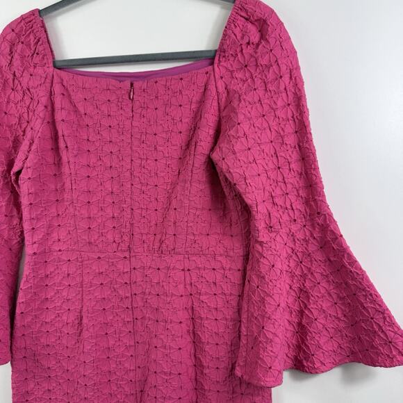 Trina Turk New Favor Pink Square Neck Bell Sleeve Dress Size 4 Sheath Textured - Picture 10 of 15